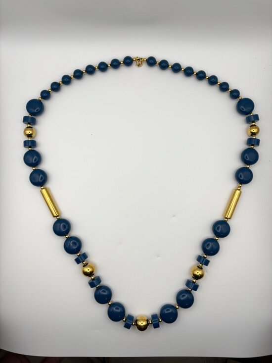 Trifari Jewelry - Vintage Trifari Blue Acrylic Bead Gold Tone Cylinder Statement Necklace 28 in